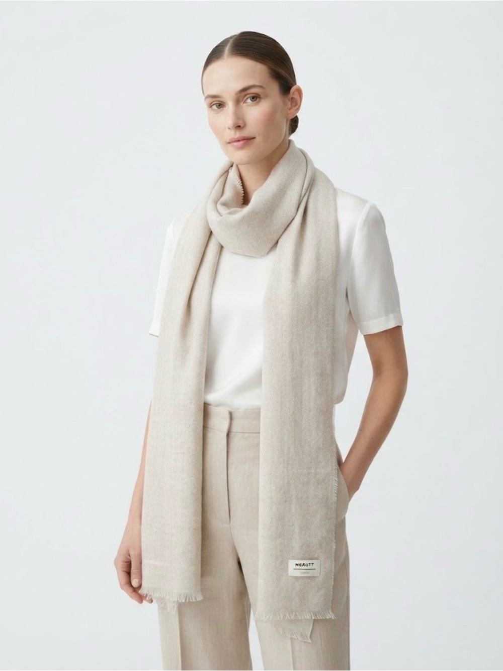 McNutt of Donegal 100% Irish Linen Herringbone Scarf Neutral Beige 12” x 96”